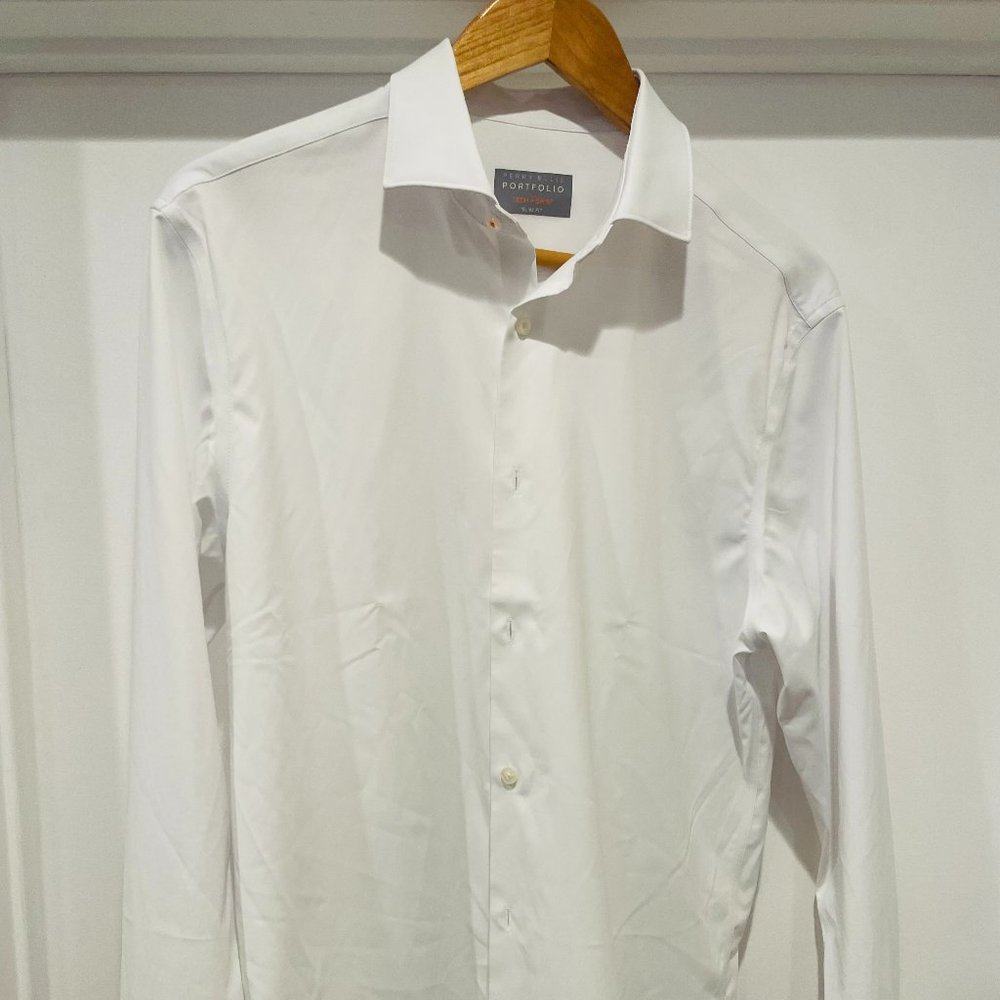 Perry Ellis Portfolio Tech+ White Slim Fit Dress Shirt 15.5 x 32/33
